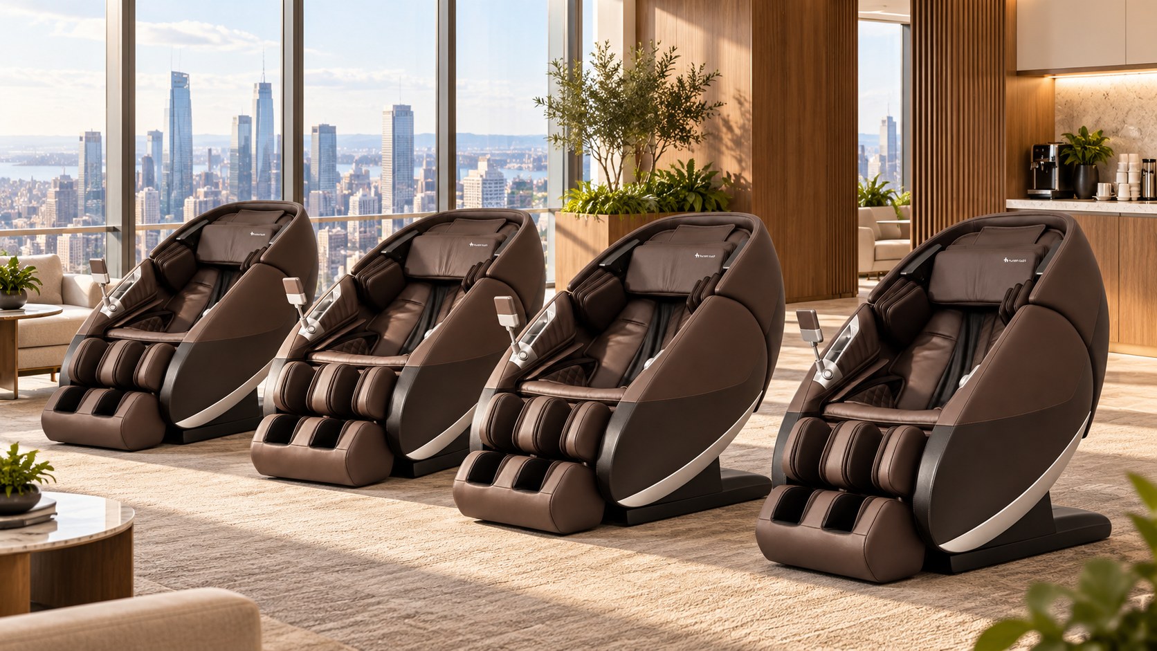 Four Human Touch massage chairs lined up in a corporate wellness lounge overlooking a city skyline